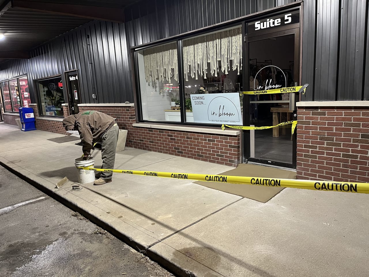 Storefront sidewalk pour in front of in bloom Suite 5, Pendleton Indiana