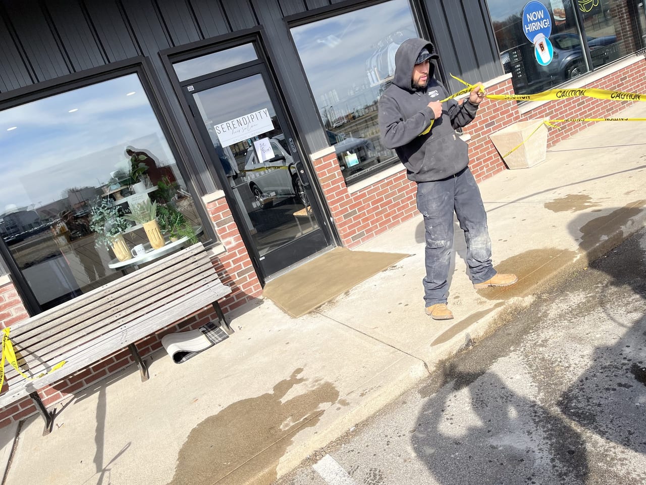 Storefront entrance concrete ramp at Serendipity, Pendleton Indiana