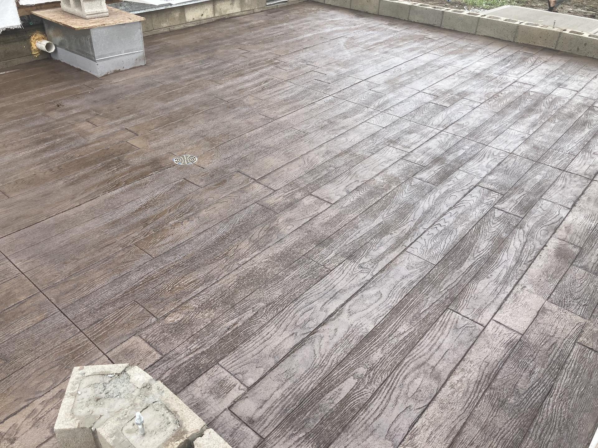Close-up of wood plank stamped concrete texture and color, Anderson Indiana