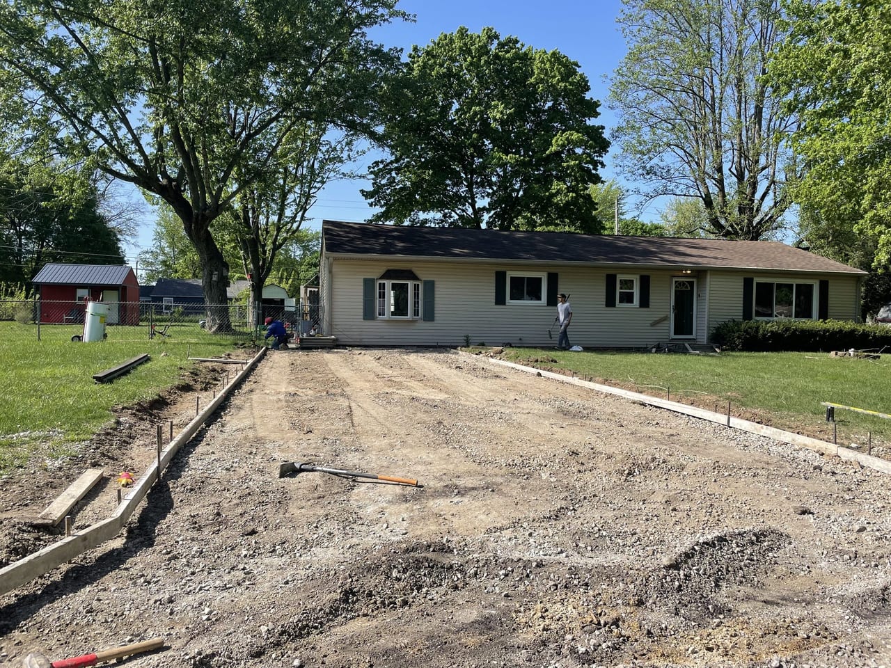 Driveway formwork and structural rebar grid before pour, Anderson Indiana