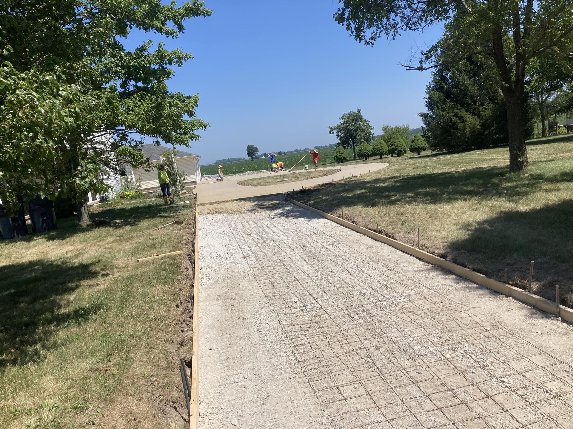 Long rural driveway pour in progress, Anderson Indiana