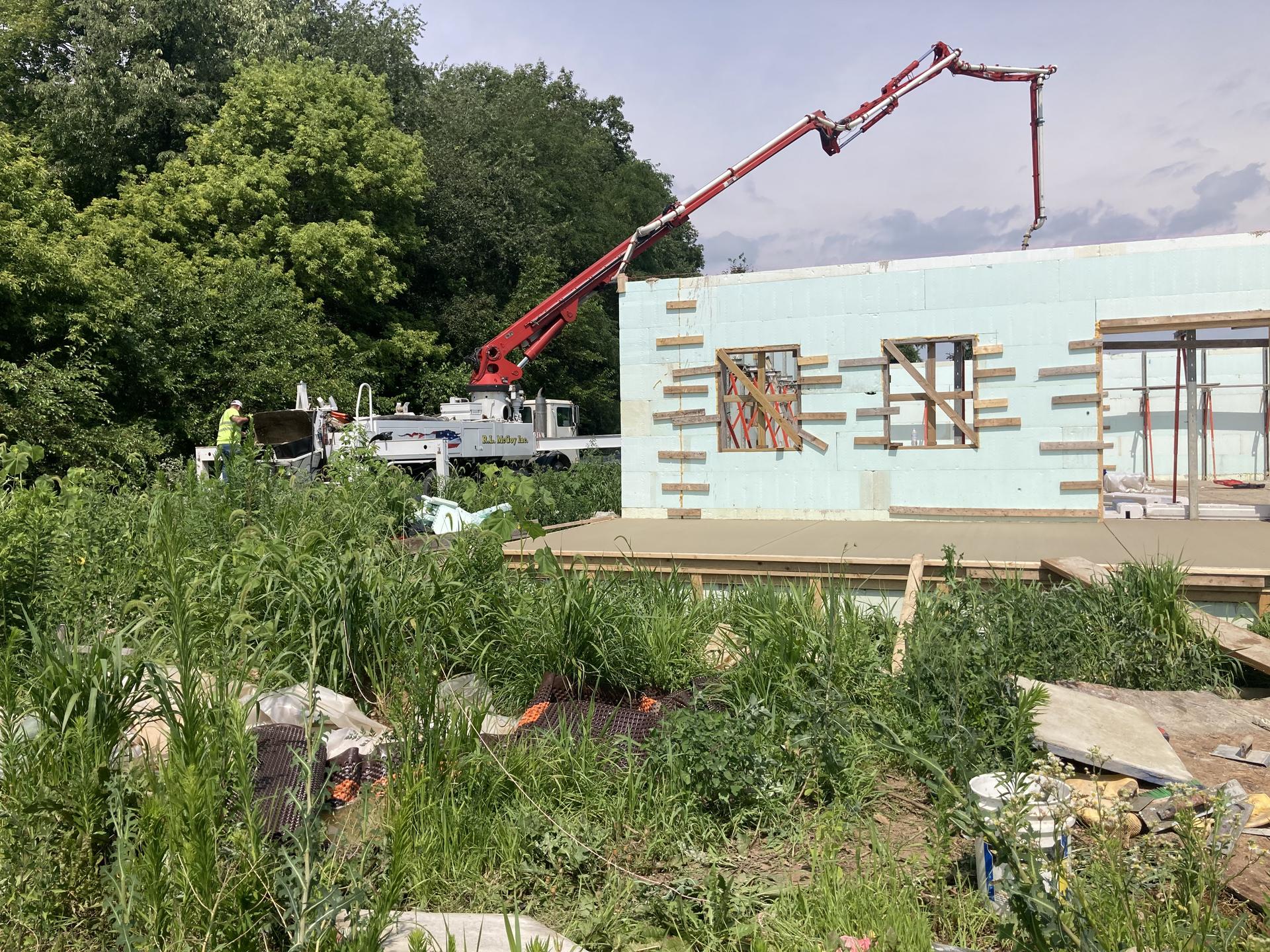 Pump truck pour into ICF foundation walls, Anderson Indiana
