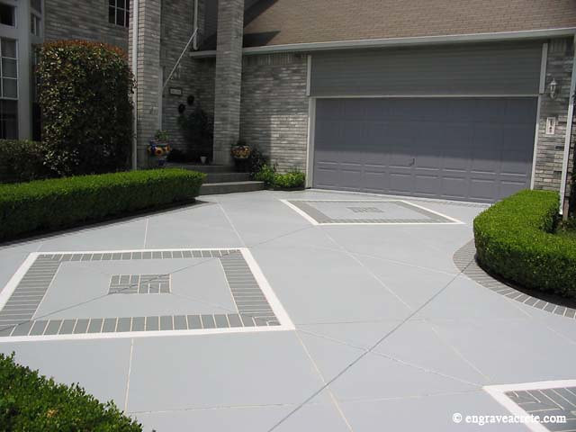 Decorative patterned concrete driveway with square pattern